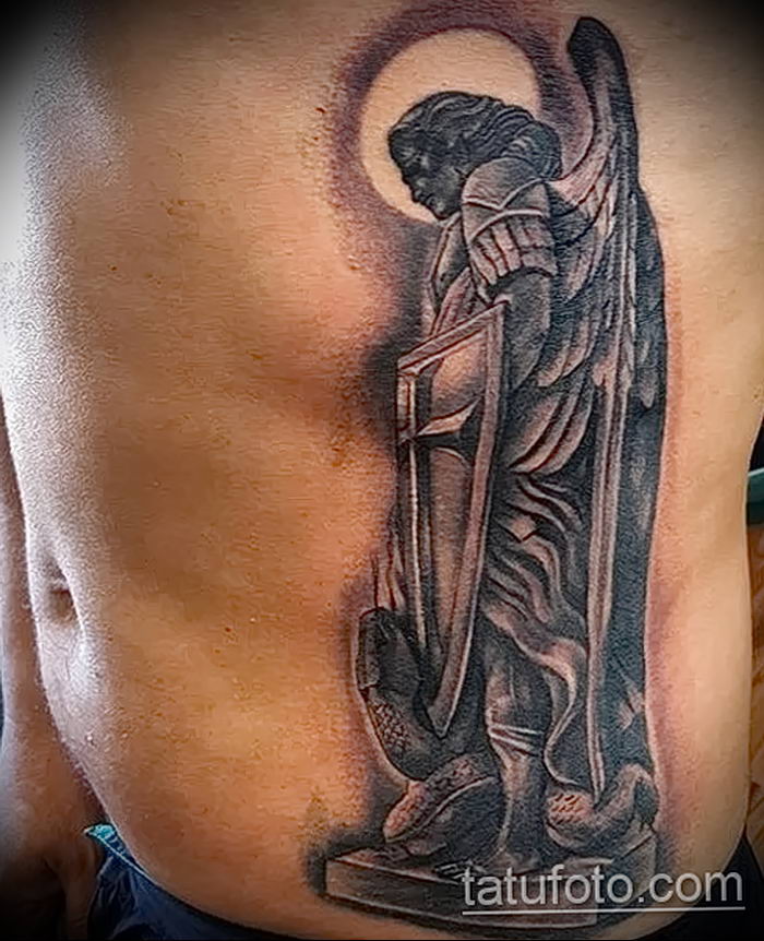 Classic Black And Grey Archangel Michael Tattoo On Forearm