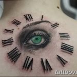 Realistic eye within a clock face tattoo on the back of the neck, Roman numerals, black and grey shading, time-themed tattoo art.
