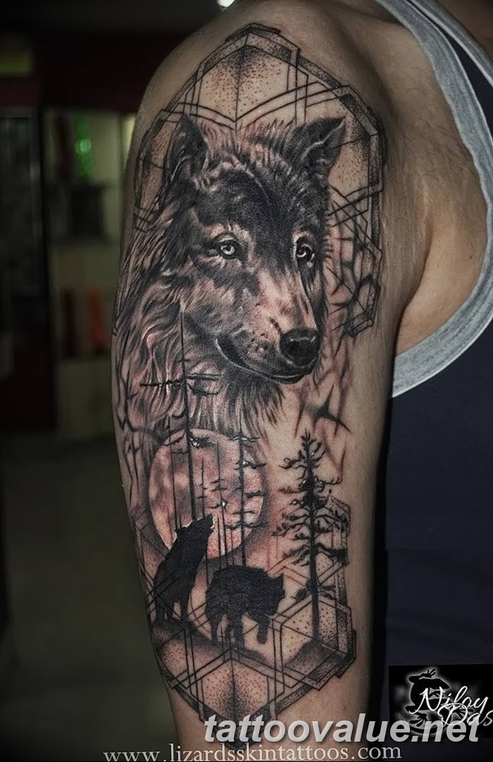 photo of wolf tattoo  №141 - an example of a finished wolf tattoo   