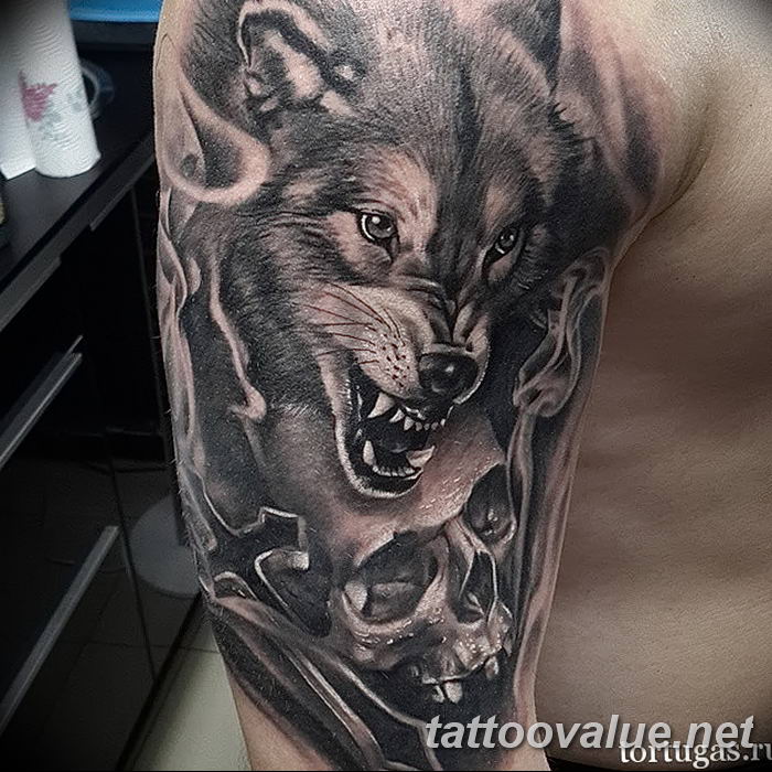 photo of wolf tattoo 27.11.2018 №378 - an example of a finished wolf tattoo - tattoovalue.net