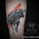 Unique watercolor-style bull tattoo on the forearm, featuring black and grey shading with vibrant red paint splatters.