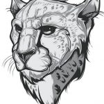 Black and grey graphic leopard head tattoo, bold outlines, stylized design, geometric shapes, modern aesthetic.