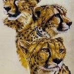 Realistic color tattoo featuring three cheetahs stacked vertically, showcasing detailed fur and expressive faces, a stunning wildlife tattoo.