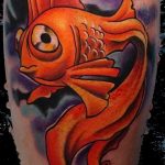 A cartoon-style tattoo of a koi fish with exaggerated features, featuring bright colors and bold outlines. A playful and whimsical ink idea.