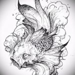Intricate blackwork sketch of a koi fish with swirling water and cloud elements, showcasing bold lines and dynamic composition.