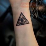 Small, black outline tattoo of the Eye of Horus within a triangle on a forearm, showcasing a minimalist and modern style.