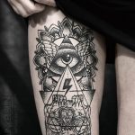 Intricate blackwork Eye of Horus tattoo, geometric patterns, dotwork shading, thigh placement. A complex and visually stunning tattoo art piece.
