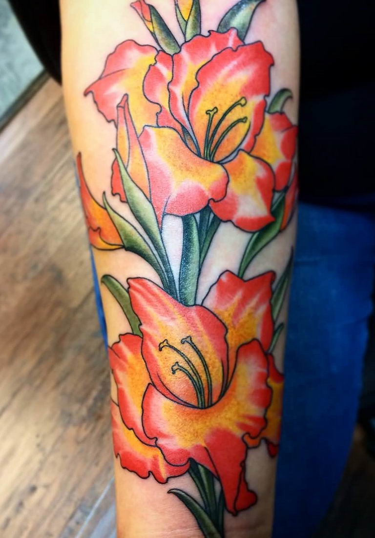 photo tattoo gladiolus 25.01.2019 №013 - drawing a tattoo flower gladiolus - tattoovalue.net