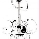 Black and white tattoo sketch of an acoustic guitar surrounded by swirling floral patterns, a delicate and artistic design.