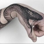 Realistic black and grey snake tattoo design wrapping around a hand, showcasing detailed scales and shading. A striking ink idea for reptile enthusiasts.