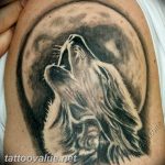 Black and grey tattoo of a wolf's head howling, with a dramatic moon backdrop, placed on the upper arm.