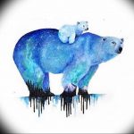 Watercolor style tattoo of a polar bear with a cub on its back, blending into a cosmic landscape with trees and dripping paint.