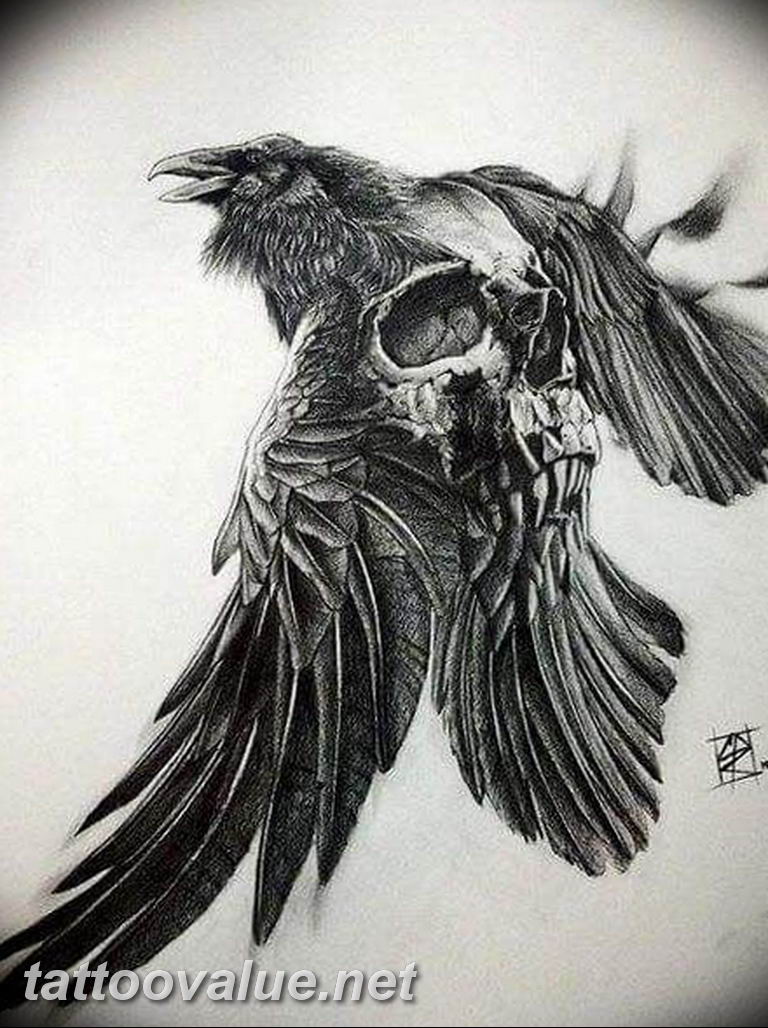 Raven On Skull Tattoo Design
