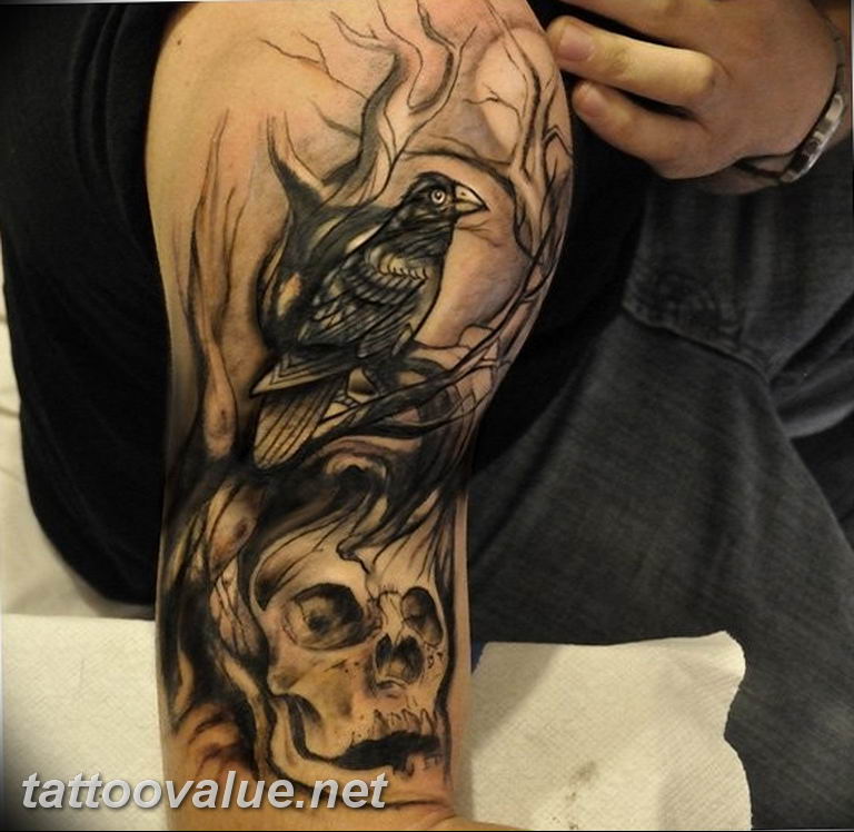 photo tattoo raven on the skull 18.02.2019 №165 - tattoo with skull and raven - tattoovalue.net
