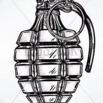 Black ink tattoo of a detailed grenade, resembling a vintage engraving, with intricate lines and shading, offering a classic tattoo design.
