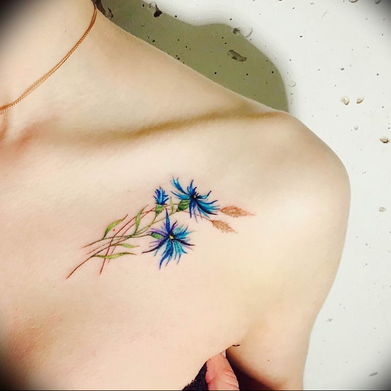Cornflower tattoo meaning history, features, photo drawings, sketches
