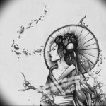 Black and grey sketch-style tattoo of a geisha holding a parasol, with falling petals and floral details, suitable for the upper arm.