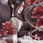 A vibrant Japanese-style tattoo featuring a woman with long dark hair surrounded by red cherry blossoms, showcasing a detailed back piece design.