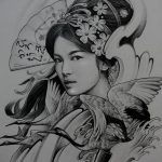 Detailed black and grey sketch-style tattoo of a Geisha with a crane and floral elements, resembling a traditional Japanese painting.