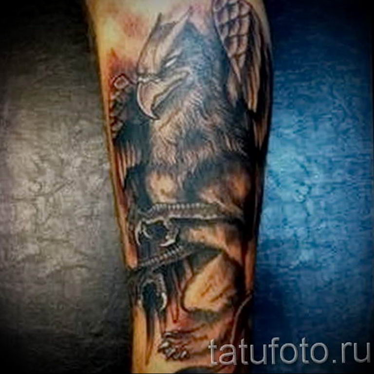 Black Ink Griffin Tattoo Design For Thigh