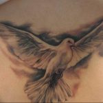 Black and grey realism tattoo of a dove with fully extended wings, with cloud-like shading, placed on the upper back.