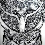 A detailed black-and-grey tattoo featuring a skull, a dove, money, and other symbolic elements, with a 'Hustle Hard' banner, placed on the back.