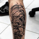 Photo biomechanics tattoo on leg 30.07.2019 №020 - biomechanics tattoo - tattoovalue.net