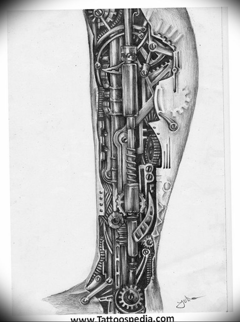 Photo biomechanics tattoo on leg 30.07.2019 №024 - biomechanics tattoo - tattoovalue.net
