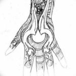 Black ink sketch of a hand with exposed mechanical components, showcasing a futuristic, cybernetic design, suitable for a hand or arm tattoo.