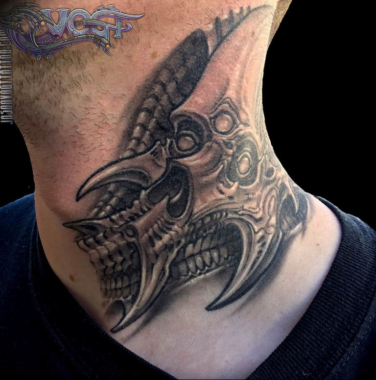 Colored Ink Biomechanical Neck Tattoo