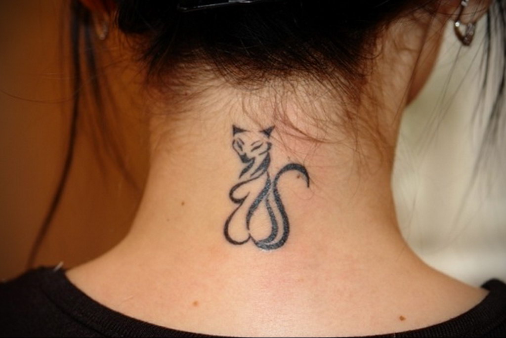 cat tattoo on the neck 03.12.2019 №001 -cat tattoo- tattoovalue.net