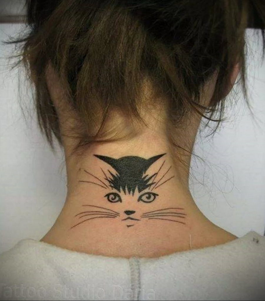 cat tattoo on the neck 03.12.2019 №016 -cat tattoo- tattoovalue.net