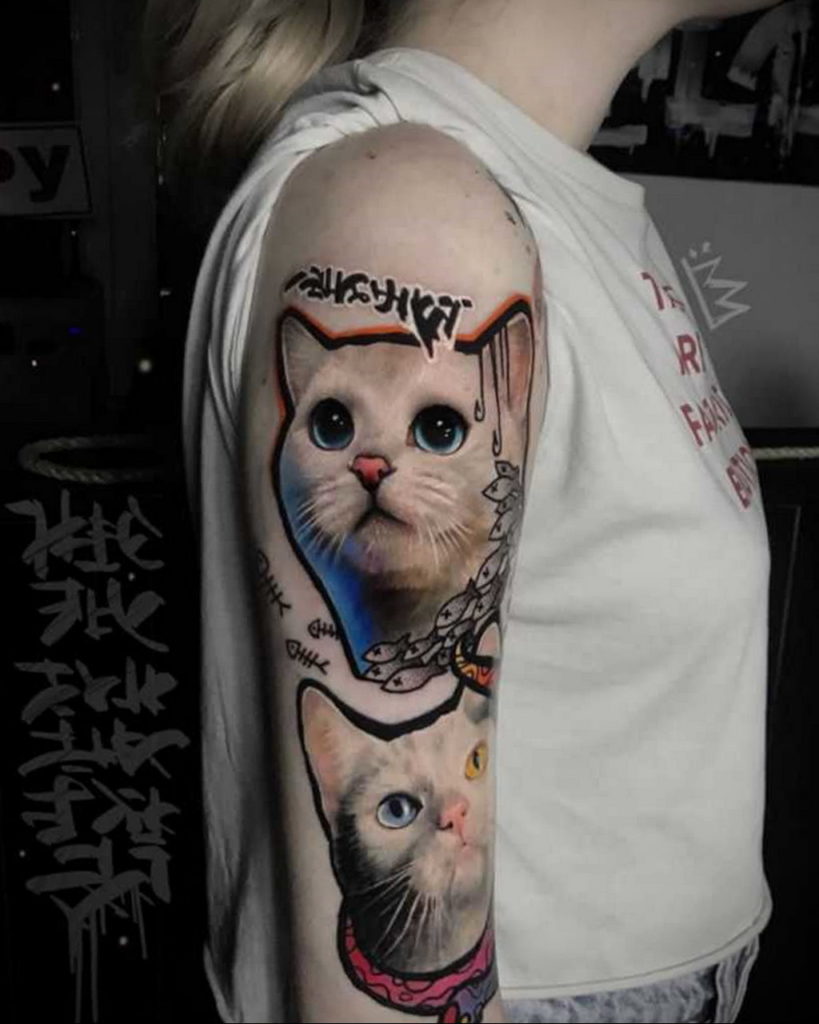 cat tattoo on the shoulder 03.12.2019 №013 -cat tattoo- tattoovalue.net