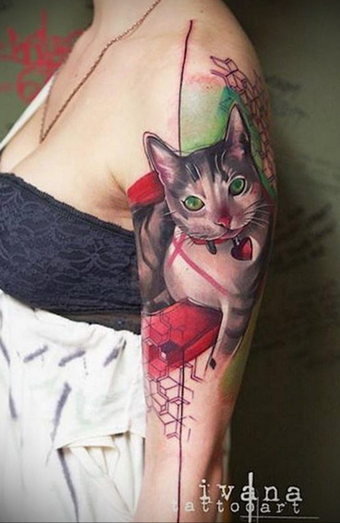 cat tattoo on the shoulder 03.12.2019 №015 -cat tattoo- tattoovalue.net