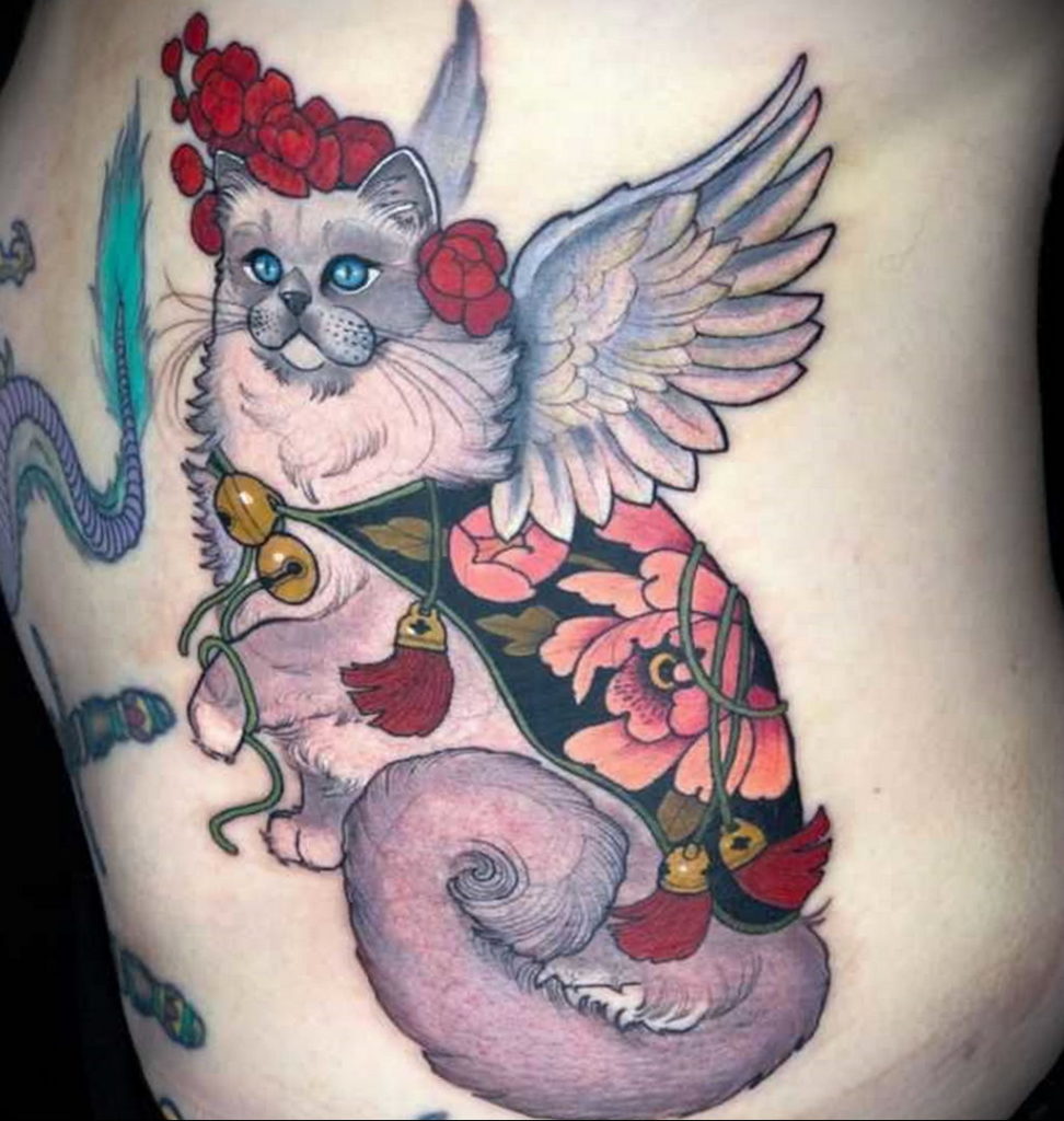 cat tattoo with wings 03.12.2019 №010 -cat tattoo- tattoovalue.net