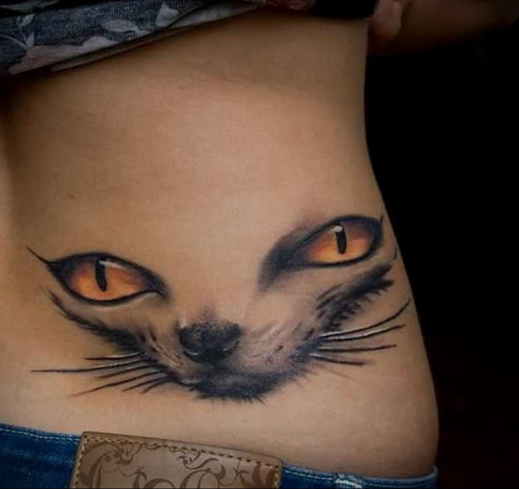 tattoo cat on the lower back 03.12.2019 №014 -cat tattoo- tattoovalue.net