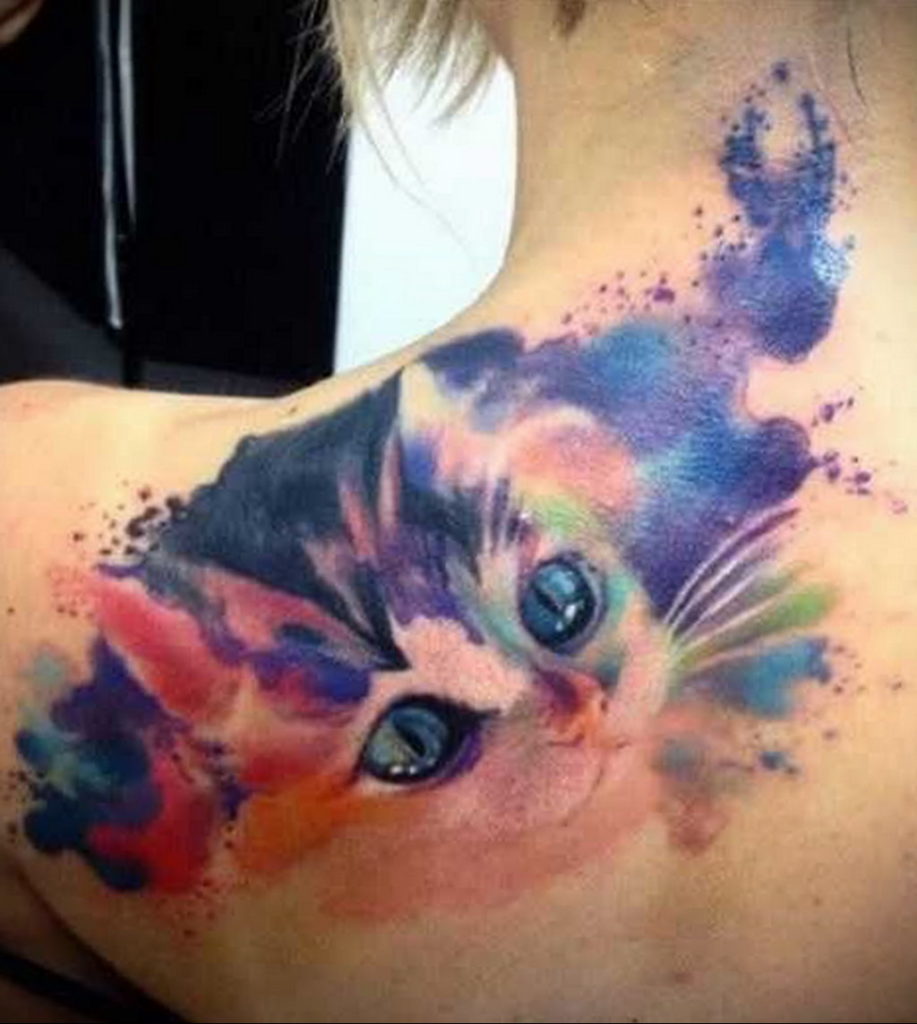 tattoo cat on the shoulder blade 03.12.2019 №022 -cat tattoo- tattoovalue.net