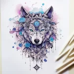 Tattoo sketch of a wolf's head adorned with blue roses and geometric patterns, with watercolor effects. Intricate and detailed design.