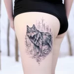 Thigh tattoo featuring a realistic wolf in a watercolor forest setting. The style is illustrative with soft shading and a natural color palette.
