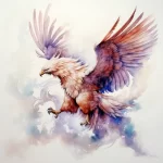 Watercolor tattoo sketch of an eagle in flight, with a blend of brown, purple, and blue hues, and a dynamic composition. Suitable for a shoulder or chest piece.