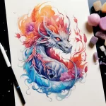 A vibrant watercolor tattoo of a dragon's head, with fiery red and blue hues, adorned with pink lotus flowers, ideal for the back.