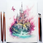 Watercolor-style tattoo sketch featuring a pink castle, lush mountains, and a flying creature, ideal for a sleeve or back piece.