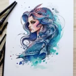 Watercolor tattoo sketch of a beautiful mermaid with flowing blue hair and a teal fish tail, with splashes of paint. Fantasy mermaid art.