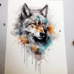 A realistic watercolor tattoo of a wolf's head, featuring grey, orange, and blue hues with dripping ink effects. Ideal for an arm or shoulder piece.