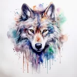 A vibrant watercolor tattoo of a wolf's head, featuring a colorful splash of blues, greens, and oranges. Ideal for an arm or shoulder piece, showcasing artistic flair.