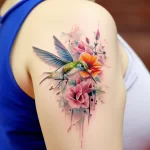Watercolor hummingbird tattoo with vibrant floral elements on the shoulder, showcasing delicate shading and a realistic style.