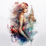 Watercolor tattoo featuring a woman with flowing red hair, gazing towards a distant castle reflected in water. Shoulder placement, vibrant colors.