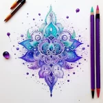 Watercolor tattoo design of a vibrant mandala with purple and teal hues, featuring intricate details and a circular composition, ideal for a back.