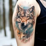 Watercolor and realism wolf tattoo on shoulder, featuring detailed fur, expressive eyes, and a splash of color. A captivating and artistic tattoo design.