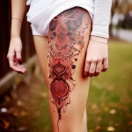 Detailed mandala tattoo with geometric patterns and subtle shading, covering the thigh. The style is traditional and precise.
